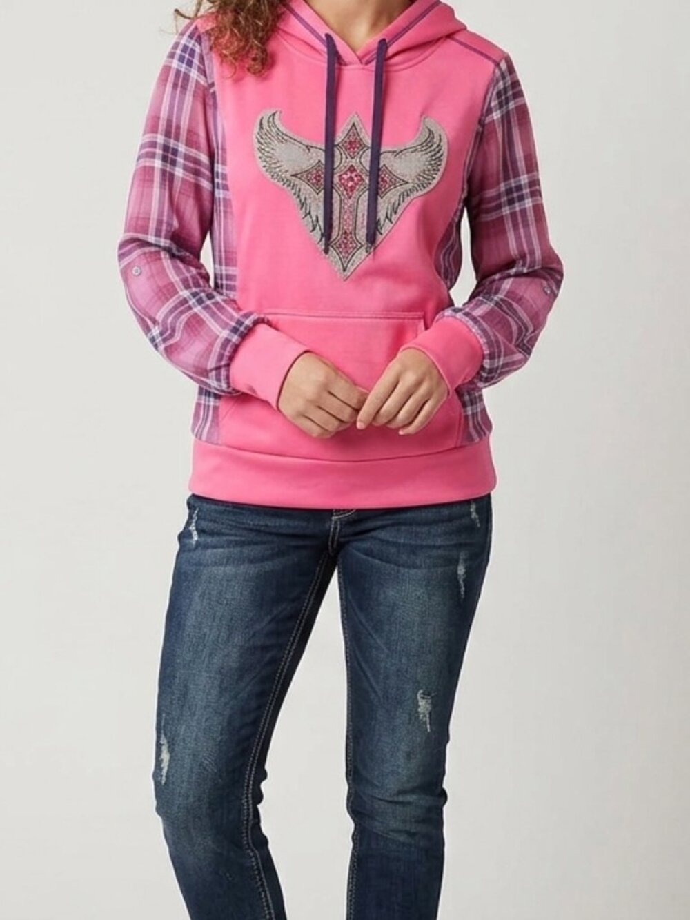 upcycled reworked Custom Handmade Pink Hoodie Plaid Sleeves with cross
